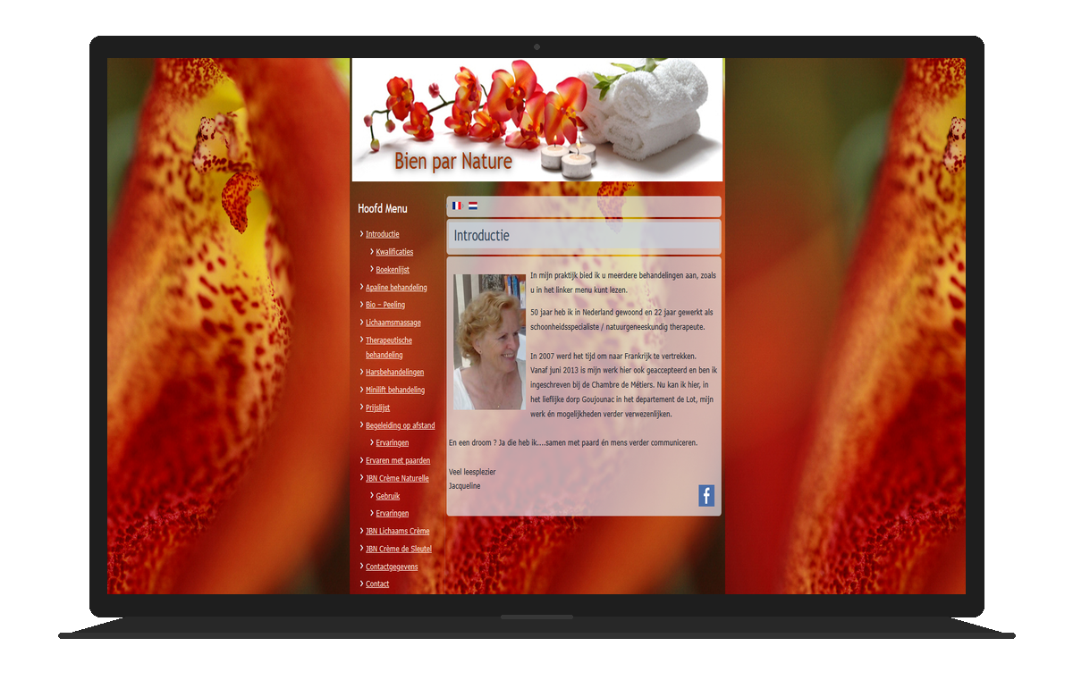 Bien par Nature oude website — verouderd wellness design met bloemachtergrond en sidebar menu